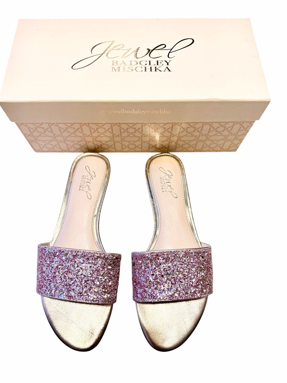 🌼NEW Jewel Badgley Mischka Pink Glitter Slide Sandals Size 6.5